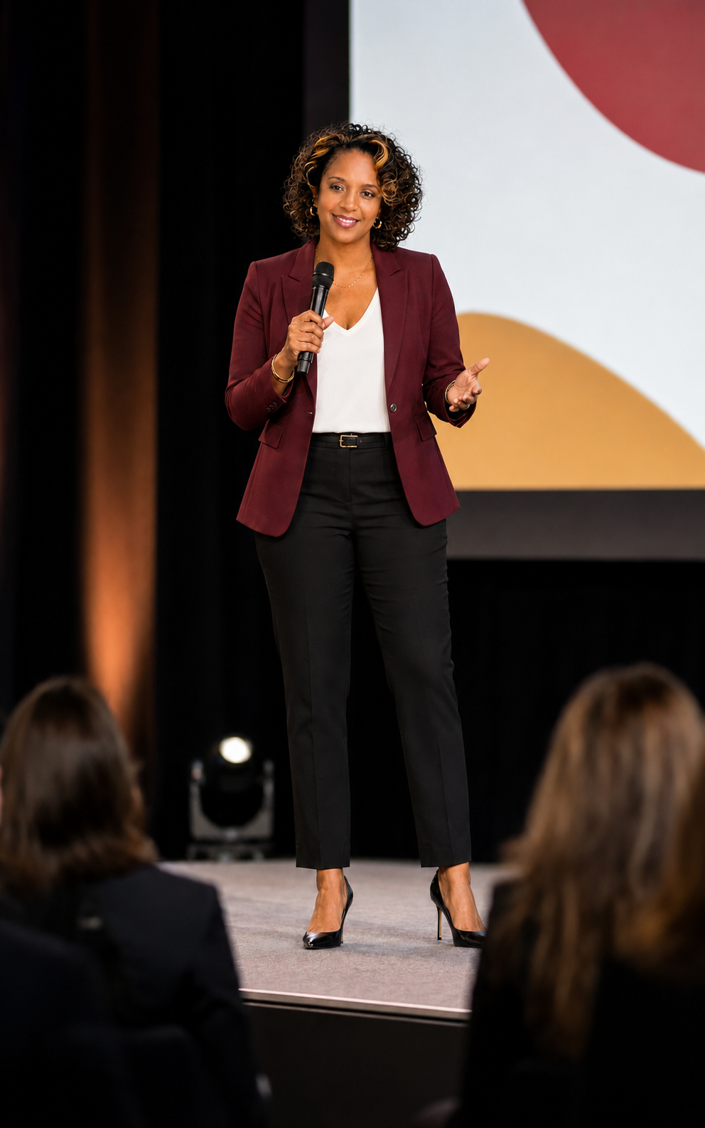 Dawn Love delivering a keynote on stage