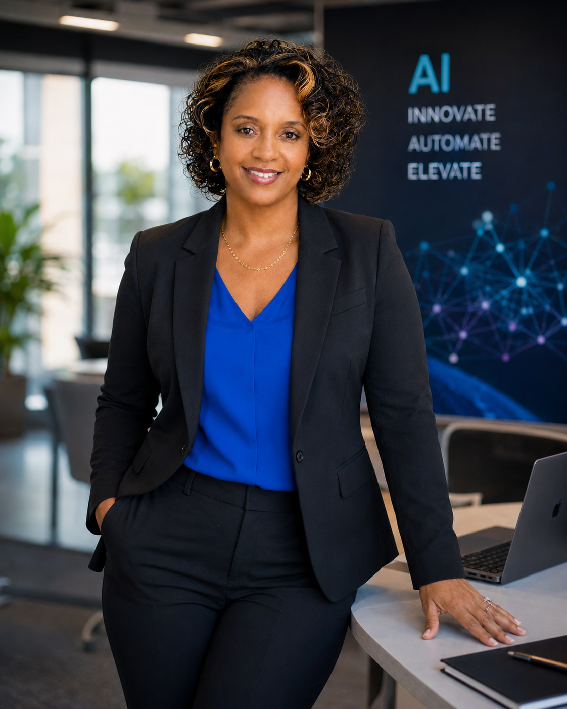 Dawn standing in a modern AI strategy office